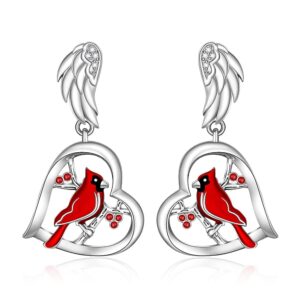 Cardinal Earrings for Women Sterling Silver Cardinal Appear When Angels Are Near Heart Red Bird Jewelry Dangle Memorial Gifts Angel Wing Studs