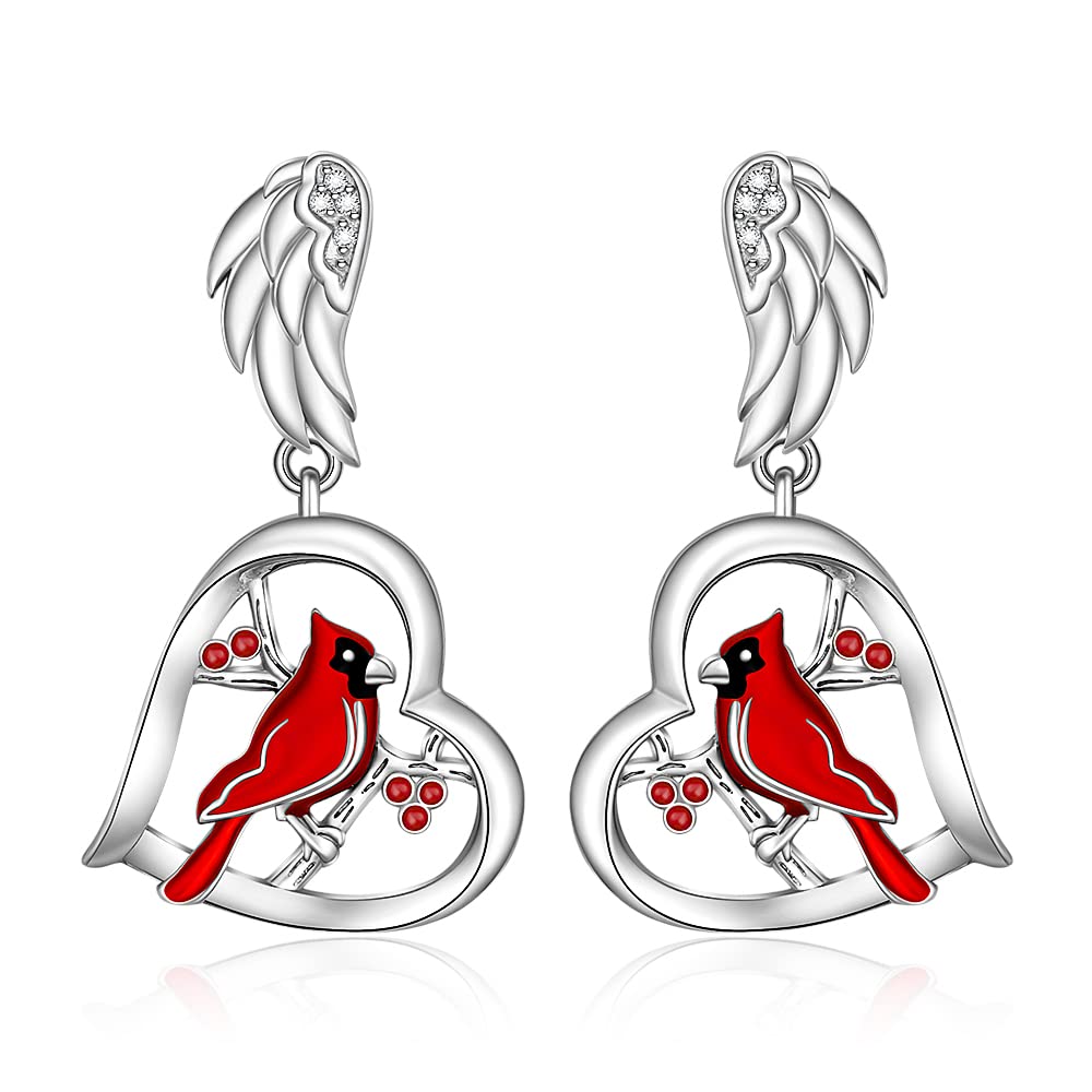 Cardinal Earrings for Women Sterling Silver Cardinal Appear When Angels Are Near Heart Red Bird Jewelry Dangle Memorial Gifts Angel Wing Studs