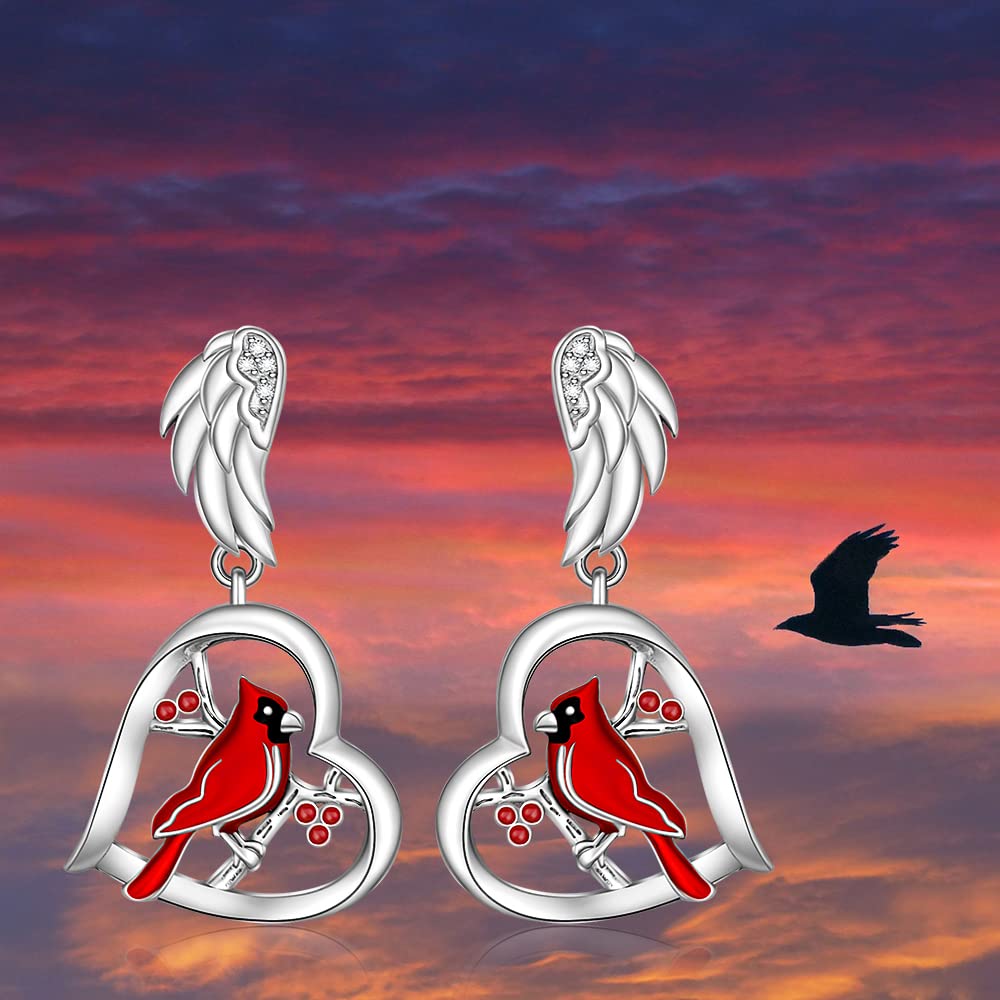 Cardinal Earrings for Women Sterling Silver Cardinal Appear When Angels Are Near Heart Red Bird Jewelry Dangle Memorial Gifts Angel Wing Studs