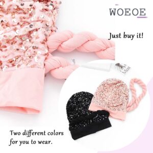 Woeoe Women's Turban Head Wraps Sequins Beanie Cap Headwrap Pre Tied Braid Head Cover Cap Headwear for Black Women(Pack of 2) (Black, Pink)