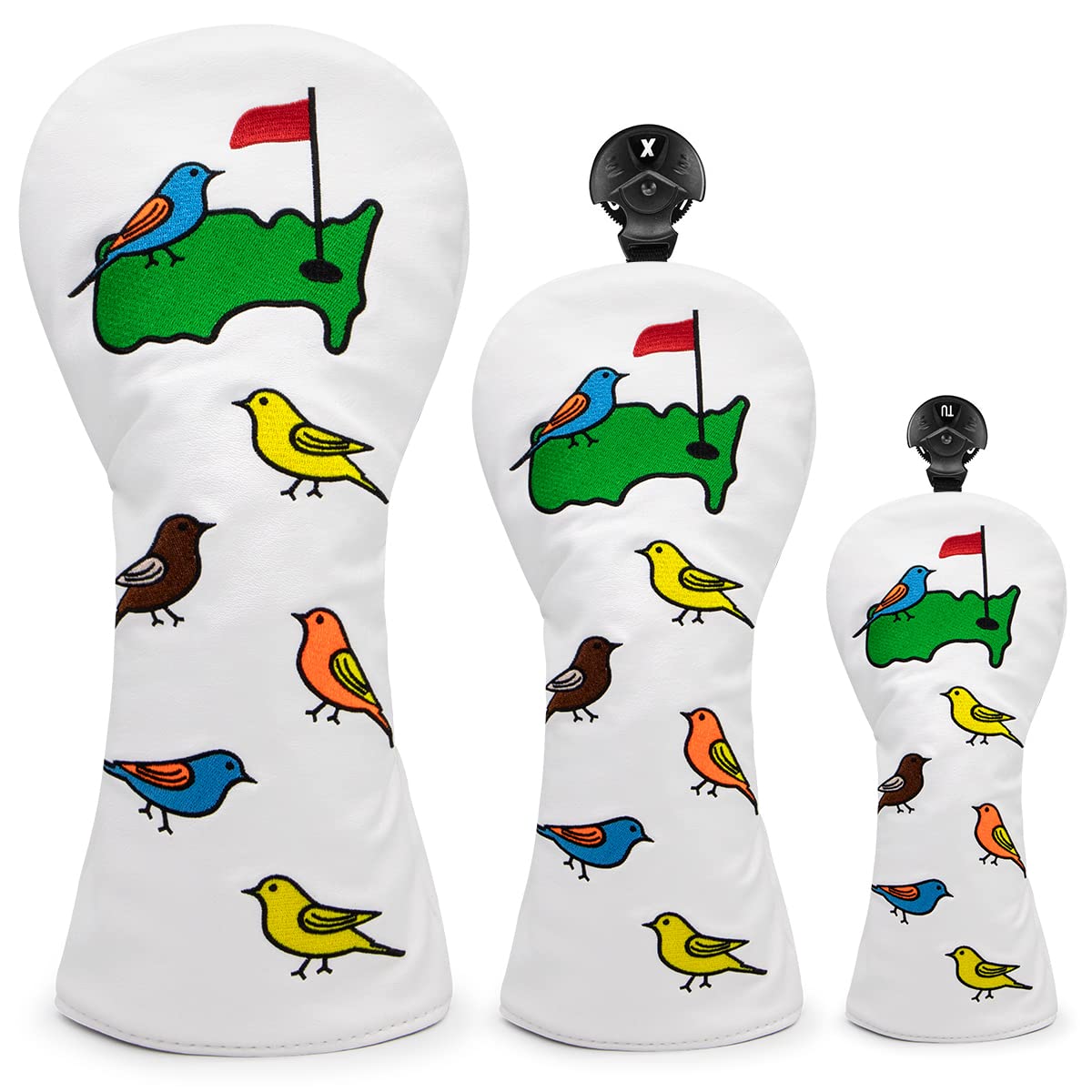 Birdies Golf Head Covers for Driver, Fairway Woods, Hybrid Rescue Utility Golf Clubs - PU Leather Golf Driver Headcover, Interchangeable Fairway Woods Hybrid Cover for Woods and Drivers