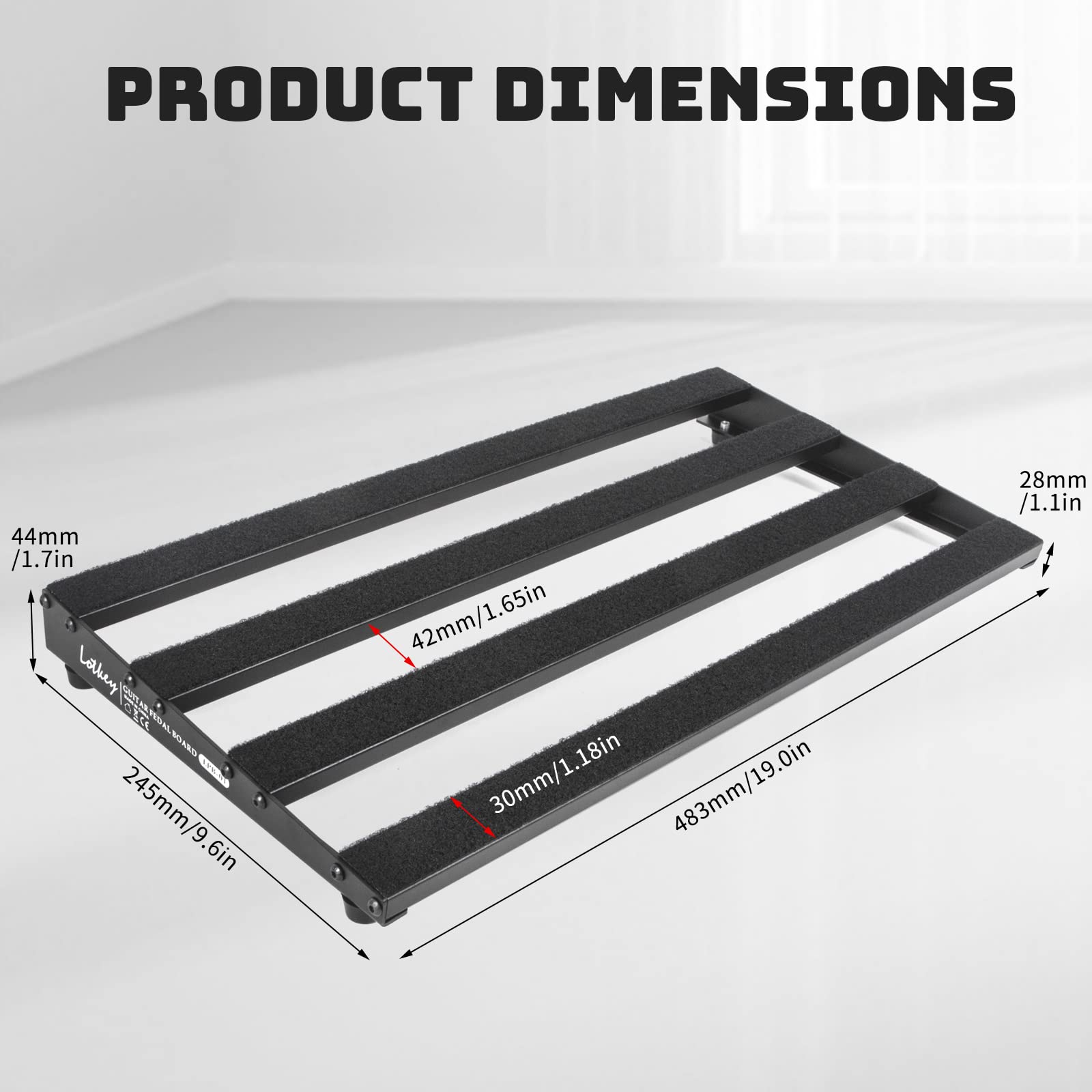 Guitar Pedal Board, Aluminium Alloy 2.2lb Light Pedal Board 19.0×9.6×1.7 Inch Black Pedalboard with Hook & Loop Tapes