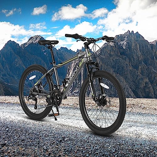 Elecony Mountain Bike 24 Inch Wheels Shimano 21 Speed Trail Bicycle with Steel Frame Double Disc Brake Full MTB Suspension Fork for Teens Adults