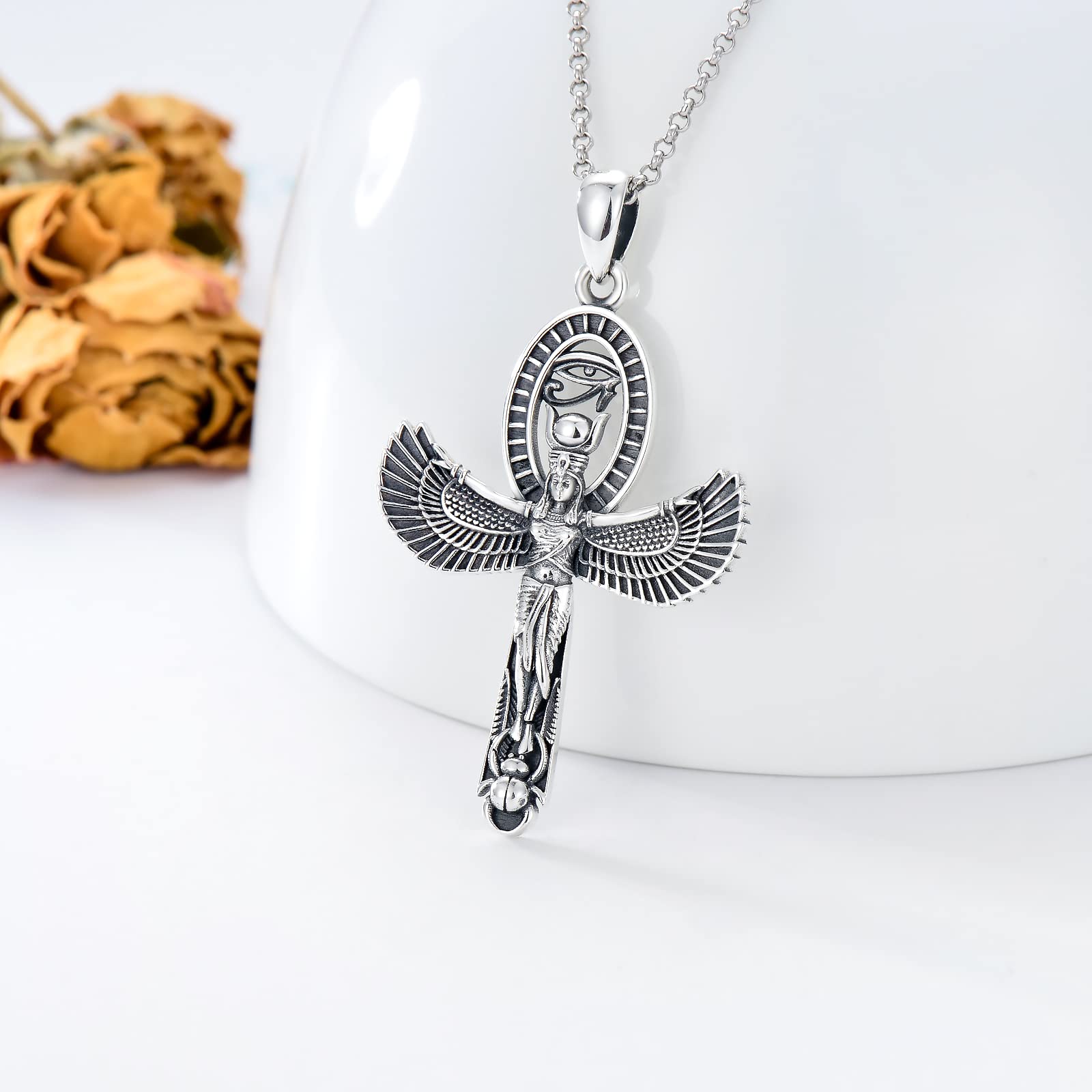 SIMONLY Sterling Silver Egyptian Goddess Necklace Ancient Egypt Jewelry Horus Gold Ankh Pendant Womens Accessory Ancient Mother Gifts