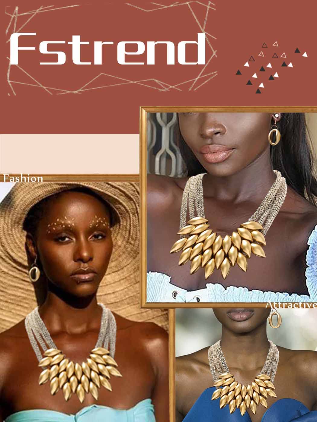 Fstrend African Choker Collar Bib Chunky Necklaces Tribal Statement Costumes Jewelry Accessories for Women and Girls (Gold)