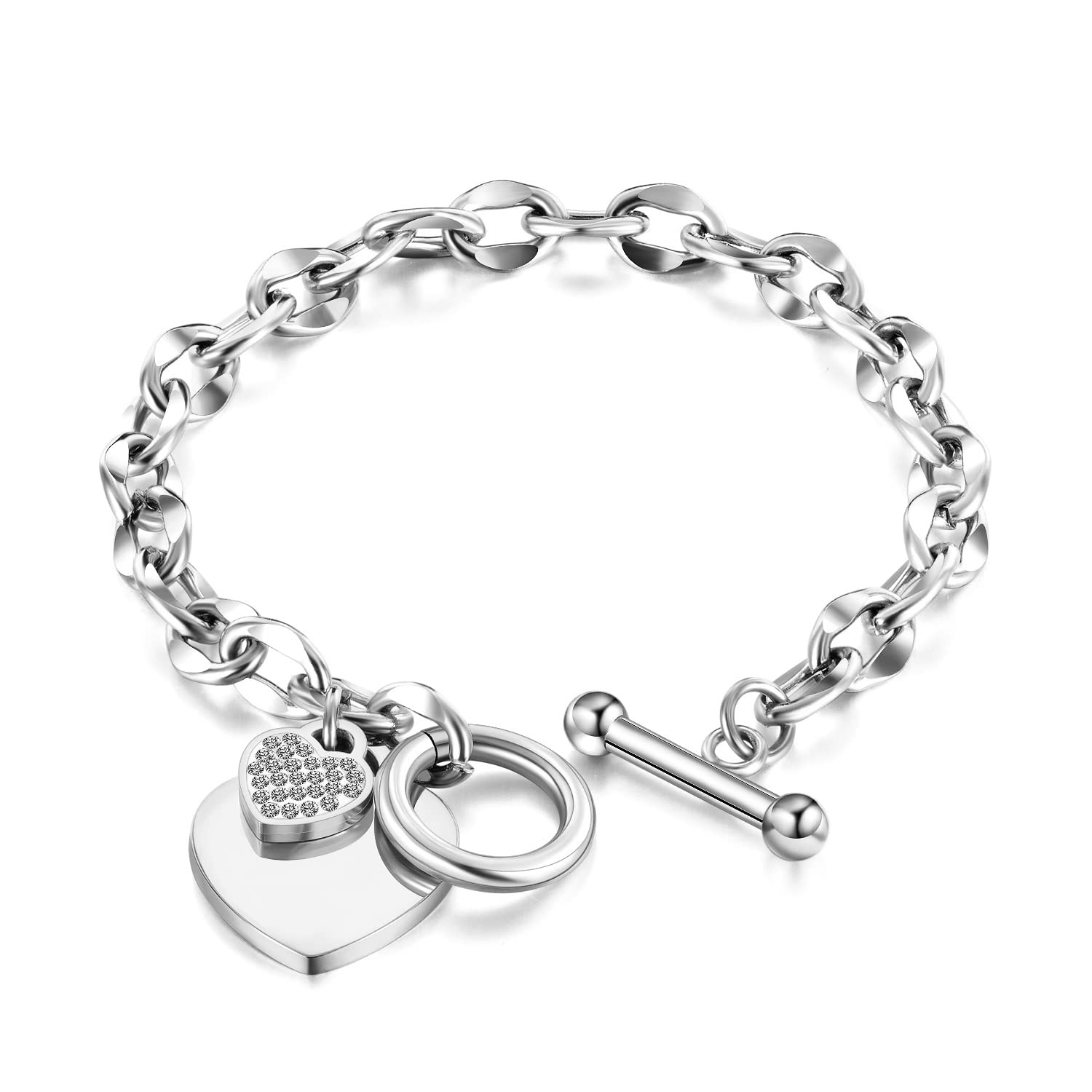 Muyola Women's Stainless Steel Heart Bracelet - Toggle Bracelets For Women - Fashion Zircon Bracelet For Girls - Toggle Clasp - Lover Gift (Silver)