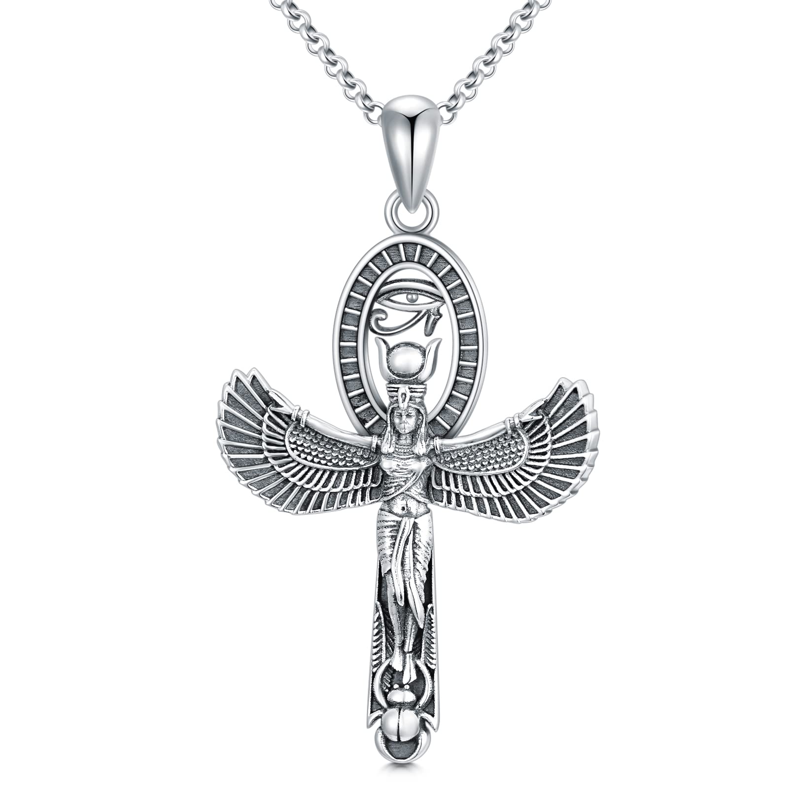 SIMONLY Sterling Silver Egyptian Goddess Necklace Ancient Egypt Jewelry Horus Gold Ankh Pendant Womens Accessory Ancient Mother Gifts