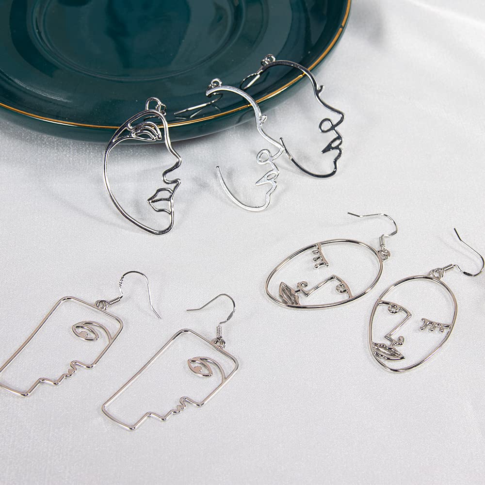 925 Sterling Silver Human Face Earrings Hollowed out Abstract Drop Dangle Earrings Vintage Boho Bohemian Earrings Set Hypoallergenic Statment Geometric Earrings for Women