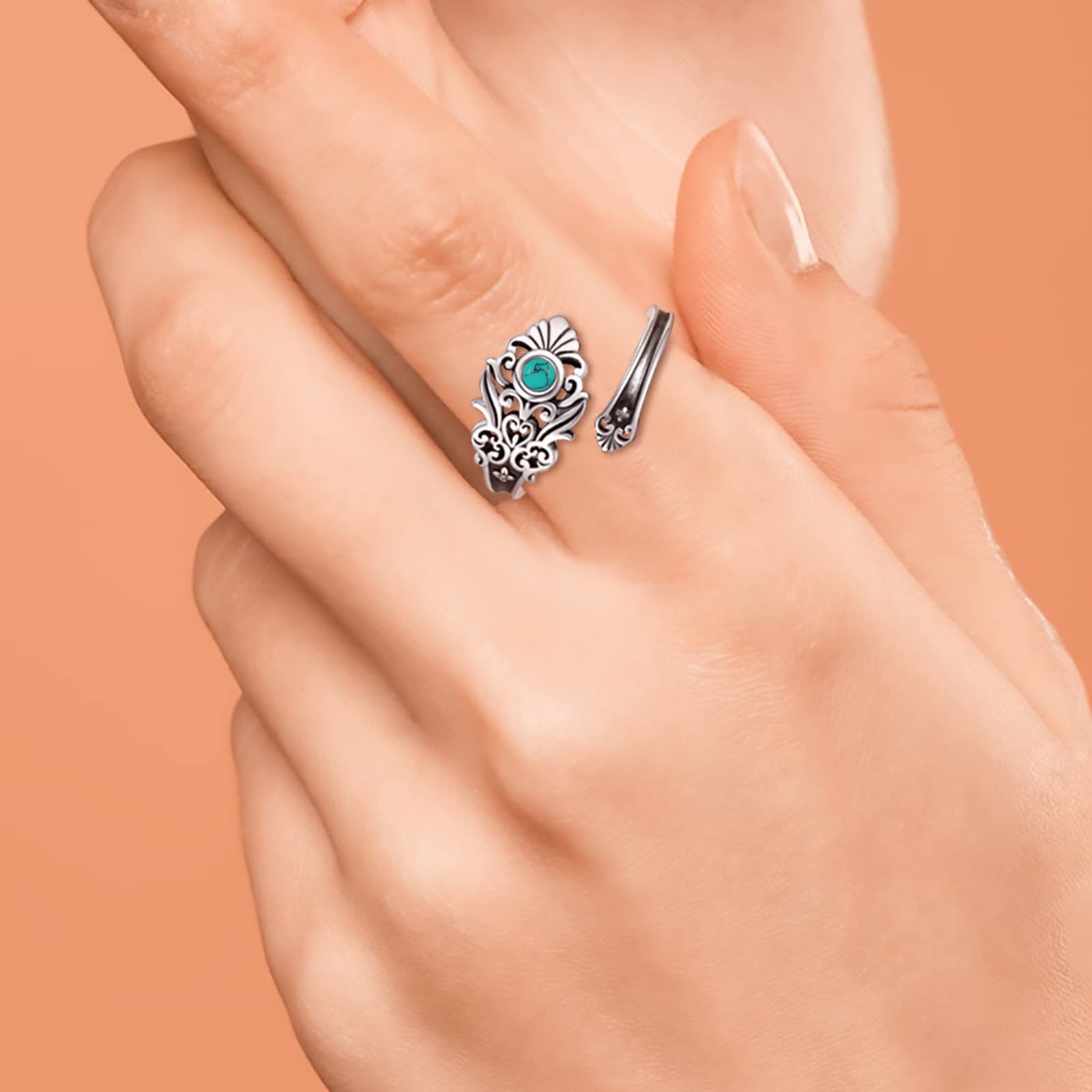 APOTIE Sterling Silver Turquoise Spoon Ring - S925 Victorian Vintage Flower Thumb for Women