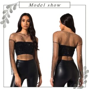 Formery Sexy Rhinestone Mesh Body Chains Top Long Sleeve Crystal Fishnet Cover Up Crop Top See Through Hollow Out Bikini Rave Top Swimsuit Coverups for Women and Girls(Black)