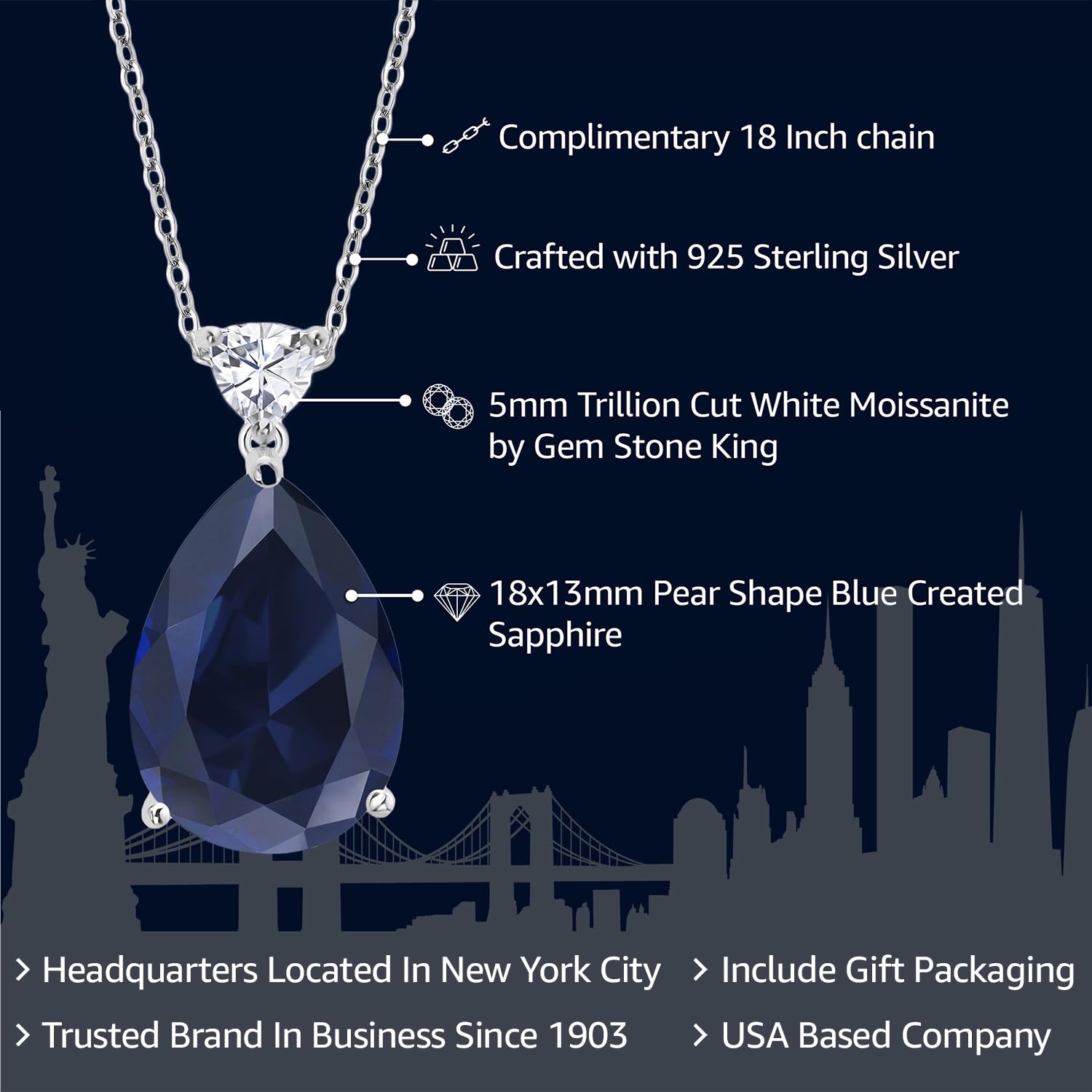 Gem Stone King 925 Sterling Silver Created Blue Sapphire and White Moissanite Teardrop Pendant Necklace For Women (13.10 Cttw, Pear Shape 18X13MM, With 18 Inch Chain)