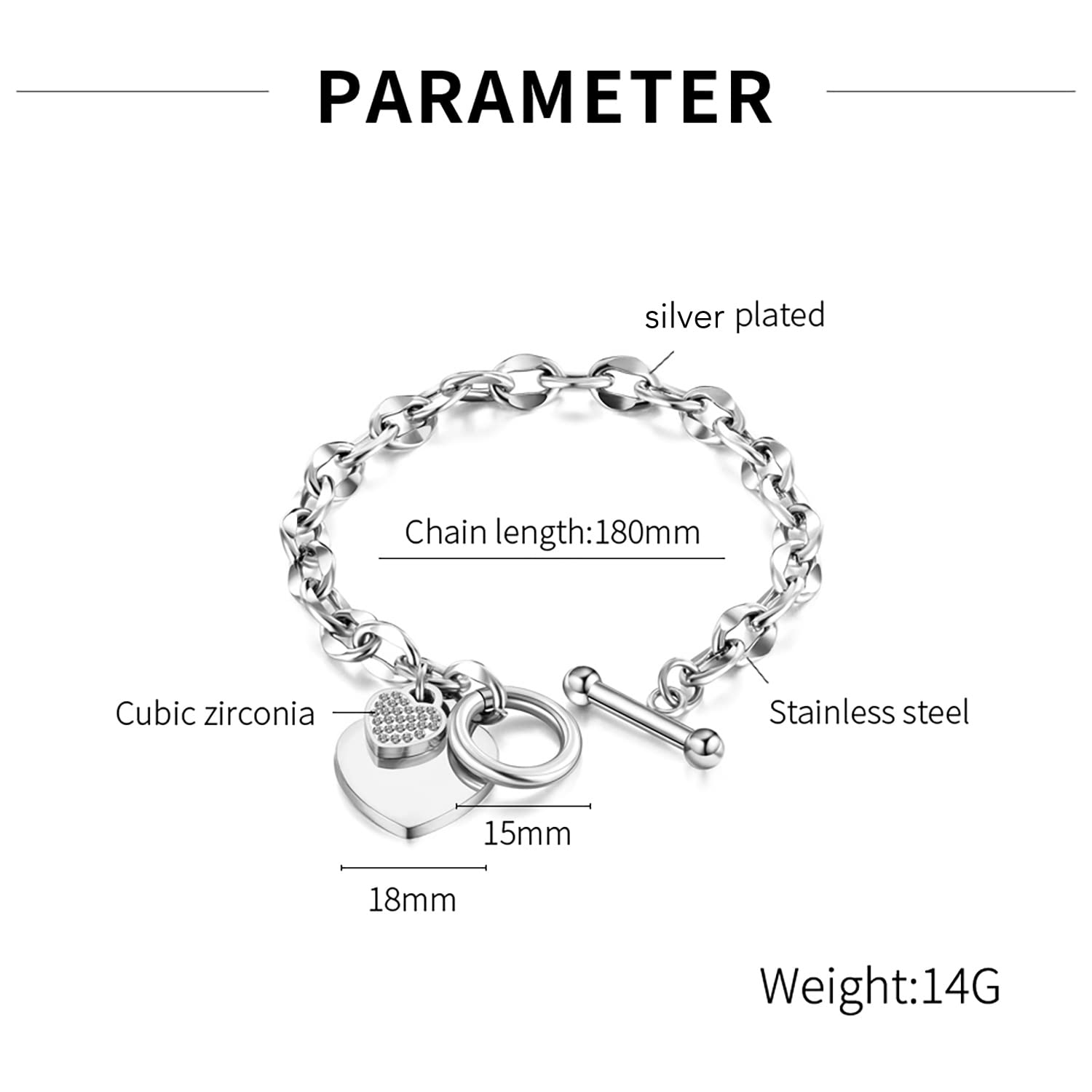 Muyola Women's Stainless Steel Heart Bracelet - Toggle Bracelets For Women - Fashion Zircon Bracelet For Girls - Toggle Clasp - Lover Gift (Silver)