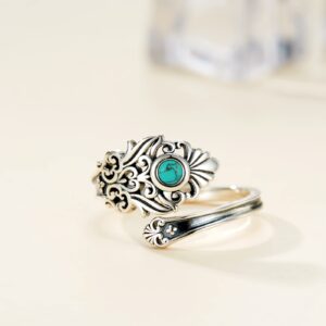 APOTIE Sterling Silver Turquoise Spoon Ring - S925 Victorian Vintage Flower Thumb for Women