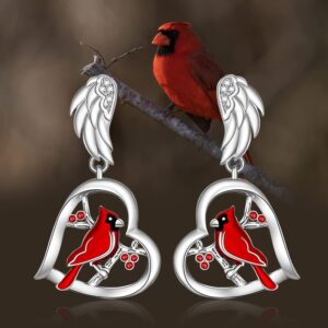 Cardinal Earrings for Women Sterling Silver Cardinal Appear When Angels Are Near Heart Red Bird Jewelry Dangle Memorial Gifts Angel Wing Studs