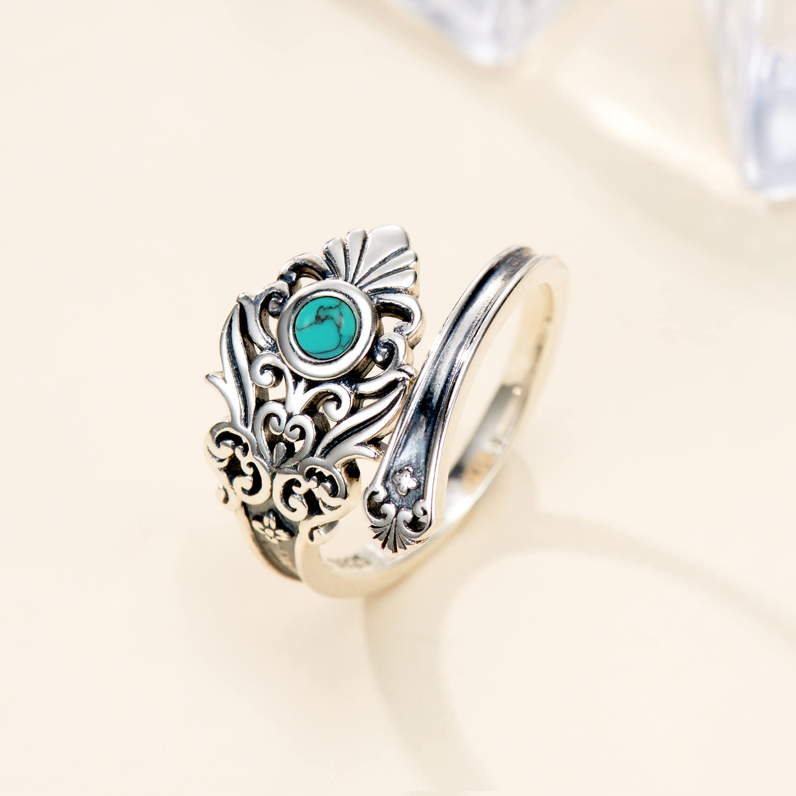 APOTIE Sterling Silver Turquoise Spoon Ring - S925 Victorian Vintage Flower Thumb for Women