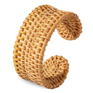 hswe rattan bracelet for women handmade lightweight straw wicker braid cuff bangle bracelet statement adjustable bohemian rattan woven chunky bracelets for summer wrist jewelry