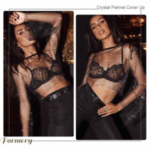 Formery Sexy Rhinestone Mesh Body Chains Top Long Sleeve Crystal Fishnet Cover Up Crop Top See Through Hollow Out Bikini Rave Top Swimsuit Coverups for Women and Girls(Black)