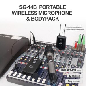 SGPRO Wireless Microphone Multi-Purpose Set with Compact Receiver, Mute. and Battery Indicator for Singing, DJ, Speech, Classroom, Church and Karaoke (SG-14B | Handheld and Bodypack Set)