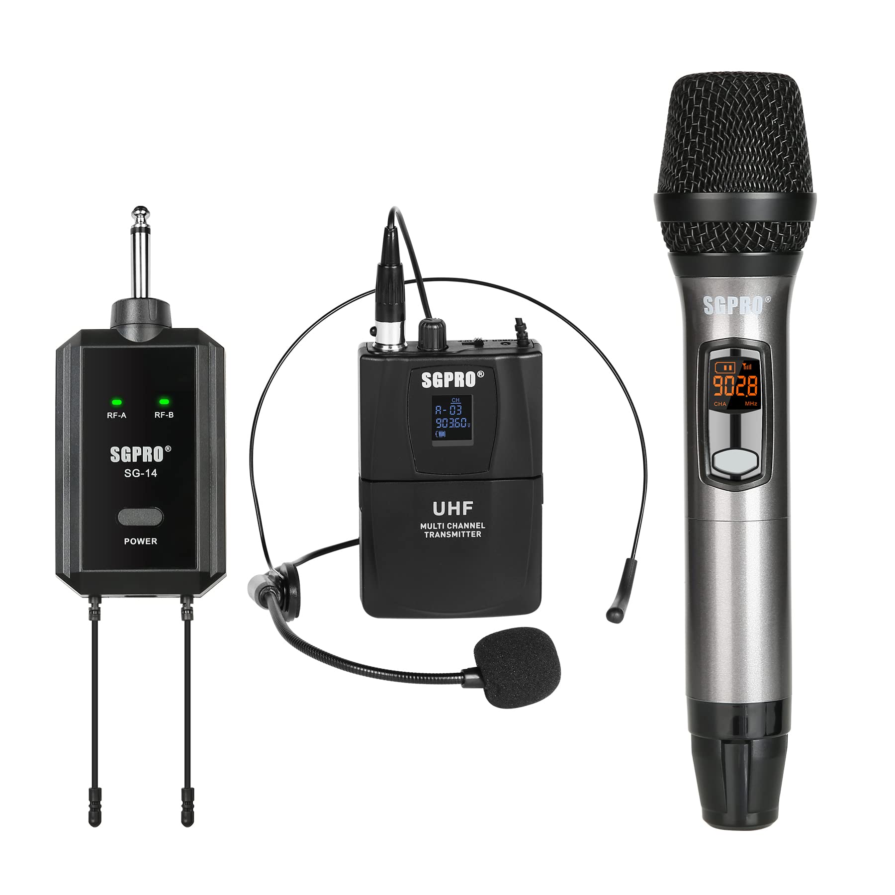 SGPRO Wireless Microphone Multi-Purpose Set with Compact Receiver, Mute. and Battery Indicator for Singing, DJ, Speech, Classroom, Church and Karaoke (SG-14B | Handheld and Bodypack Set)