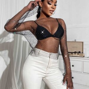 Formery Sexy Rhinestone Mesh Body Chains Top Long Sleeve Crystal Fishnet Cover Up Crop Top See Through Hollow Out Bikini Rave Top Swimsuit Coverups for Women and Girls(Black)