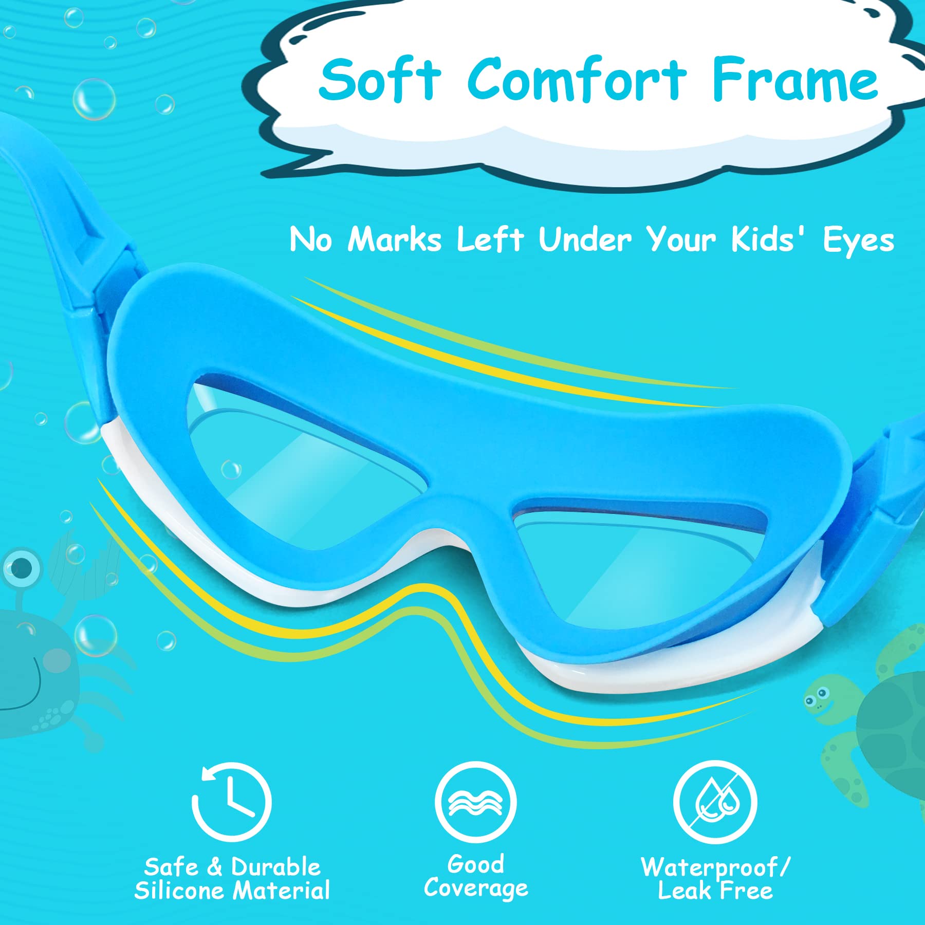 Vvinca Kids Swim Goggles, Wide View Anti-Fog Quick Adjustable Strap Swim Mask with Ear Clip Nose Clip for Child Swimming Lesson, No Leaking Water Pool Glasses for Toddlers Girls Boys Age 3-12 (Blue)