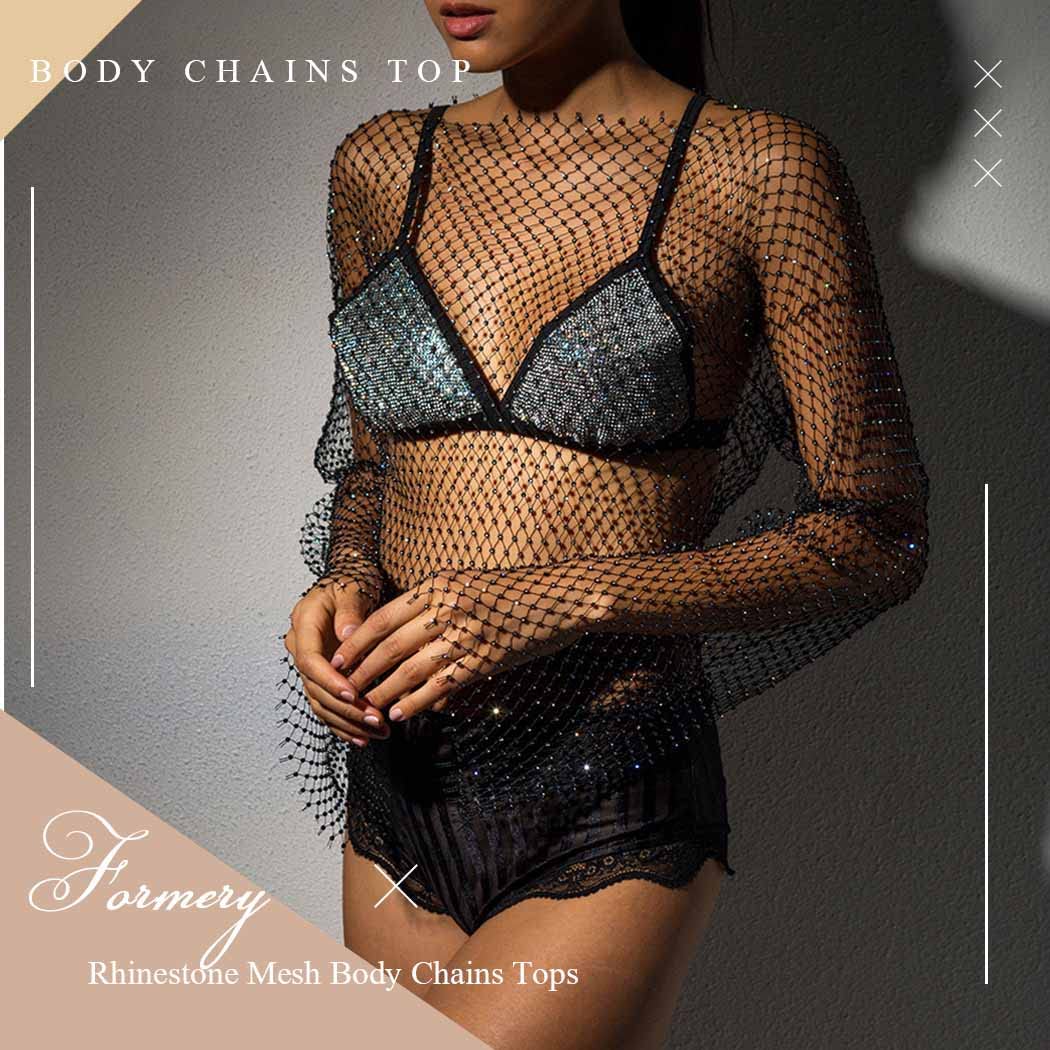 Formery Sexy Rhinestone Mesh Body Chains Top Long Sleeve Crystal Fishnet Cover Up Crop Top See Through Hollow Out Bikini Rave Top Swimsuit Coverups for Women and Girls(Black)