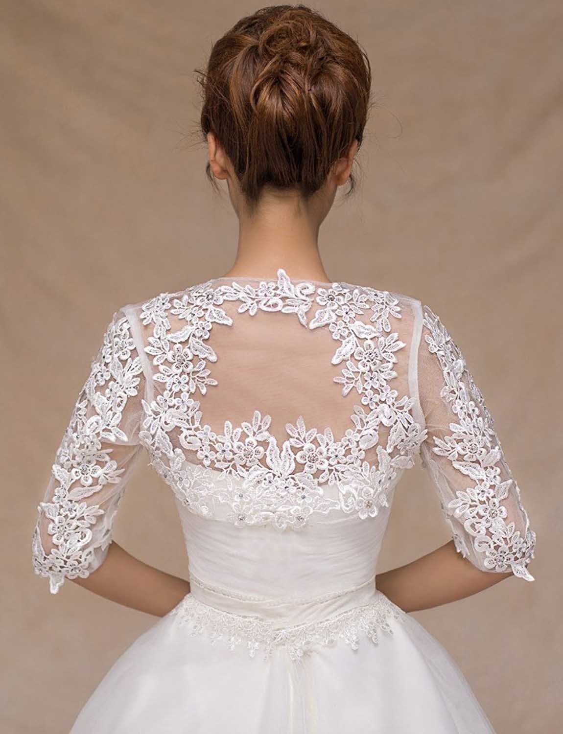 Women's Wedding Jackets Lace Bridal Bolero Shawl Tulle Cape for Bride Bridesmaid Wrap Shrug (One Size, Half Sleeve Ivory)