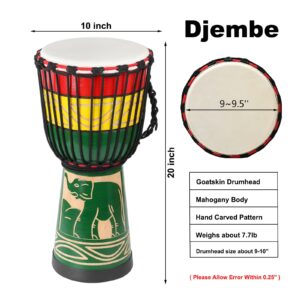 Djembe Drum,LIEKE 10'' African Drum Carved of Mahogany Goatskin Drumhead for Adults Student Beginners Green