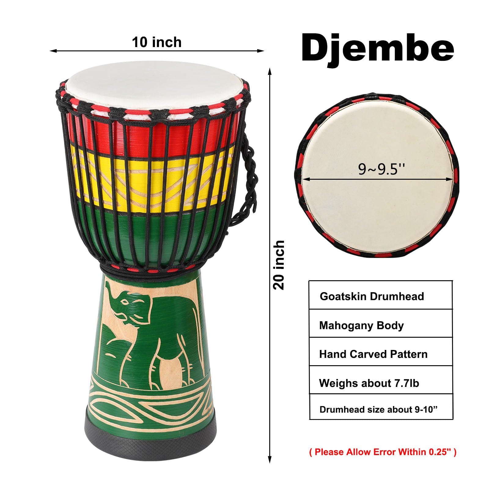 Djembe Drum,LIEKE 10'' African Drum Carved of Mahogany Goatskin Drumhead for Adults Student Beginners Green