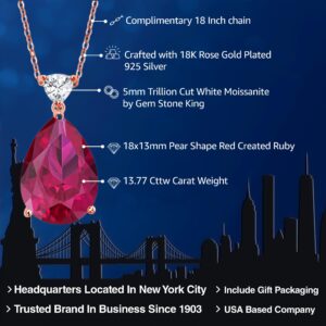 Gem Stone King 18K Rose Gold Plated Silver Pear Shape Red Created Ruby Pendant Necklace For Women 13.77 Cttw, with 18 Inch Chain)