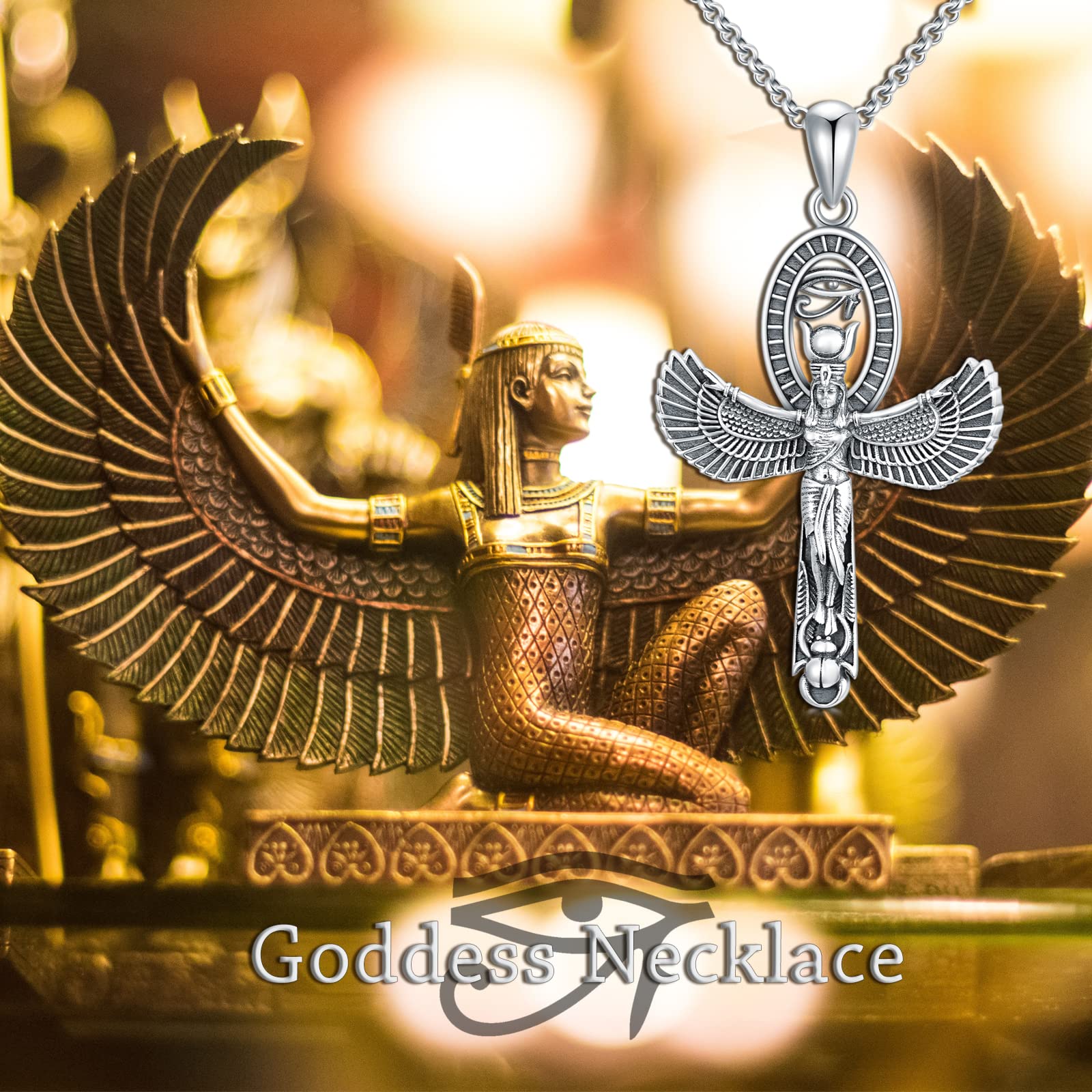 SIMONLY Sterling Silver Egyptian Goddess Necklace Ancient Egypt Jewelry Horus Gold Ankh Pendant Womens Accessory Ancient Mother Gifts