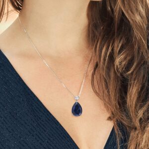 Gem Stone King 925 Sterling Silver Created Blue Sapphire and White Moissanite Teardrop Pendant Necklace For Women (13.10 Cttw, Pear Shape 18X13MM, With 18 Inch Chain)