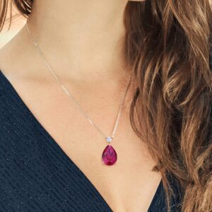 Gem Stone King 18K Rose Gold Plated Silver Pear Shape Red Created Ruby Pendant Necklace For Women 13.77 Cttw, with 18 Inch Chain)