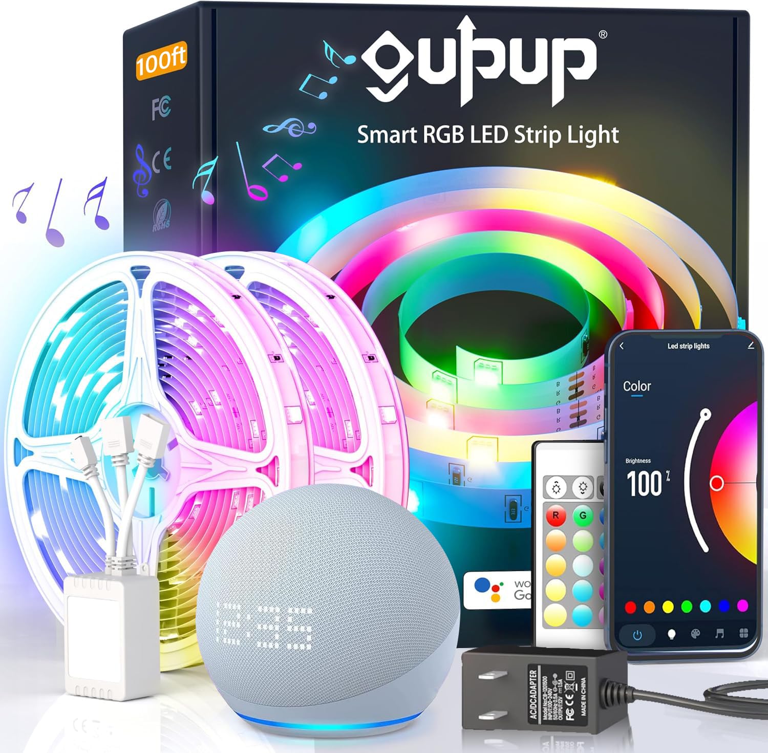 GUPUP WiFi Led Lights 100 ft, Tuya Smart App Controlled Led Strip Lights, Work with Alexa and Google Assistant Devices, Voice Control Light Strip,Music Sync,Color Changing Led Lights,Back to School