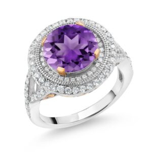 Gem Stone King 18K 2-Tone Sterling Silver Round Purple Amethyst Women Ring (3.00 Cttw, Gemstone Birthstone, Available In Size 5, 6, 7, 8, 9)