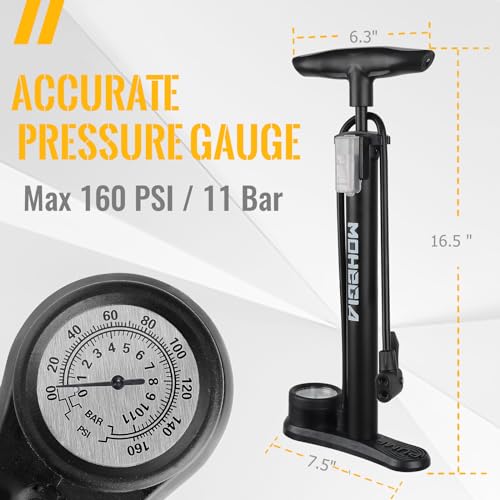 MOHEGIA Bike Floor Pump with Gauge,Air Bicycle Pump Inflator with High Pressure 160 PSI,Fits Schrader and Presta Valve