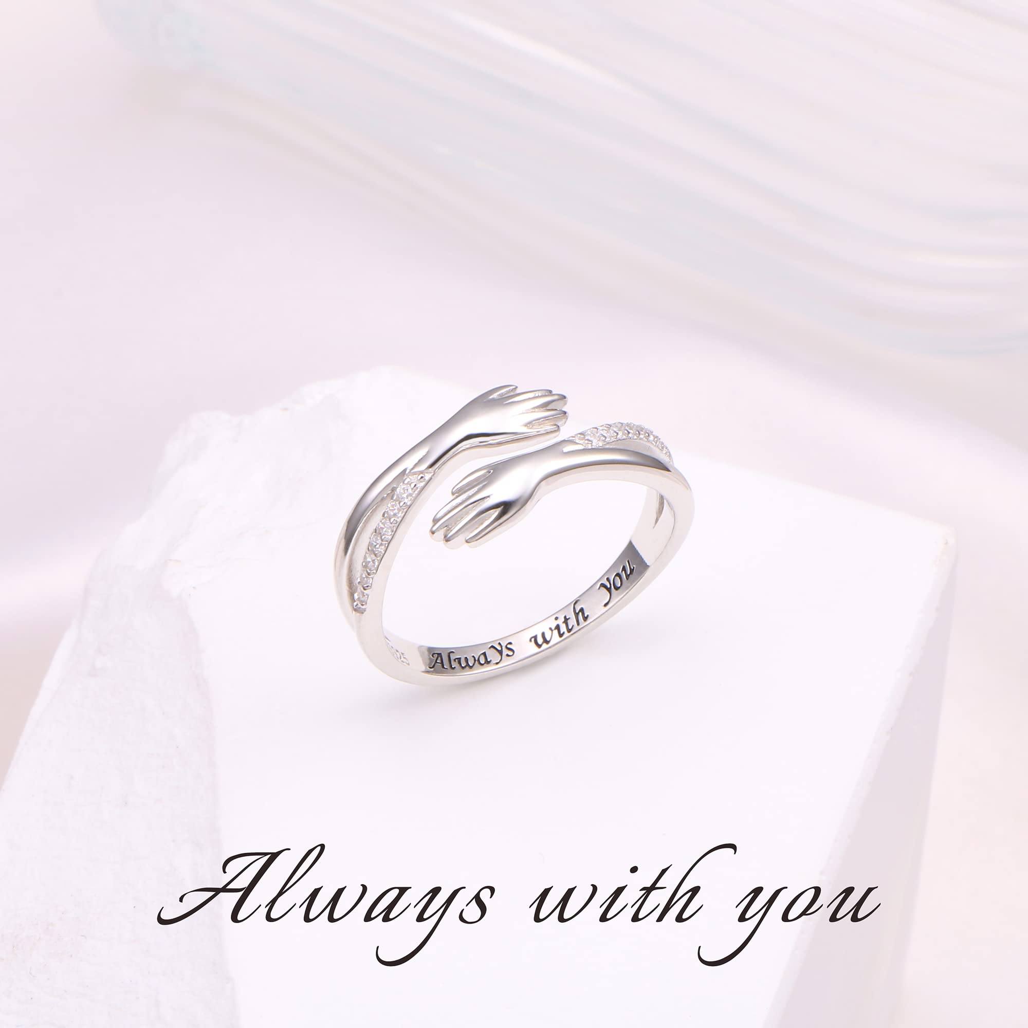 Hug Ring, S925 Sterling Silver Hugging Hands CZ Open Ring Engraved Always with You Embrace Statement Promise Anniversary Ring