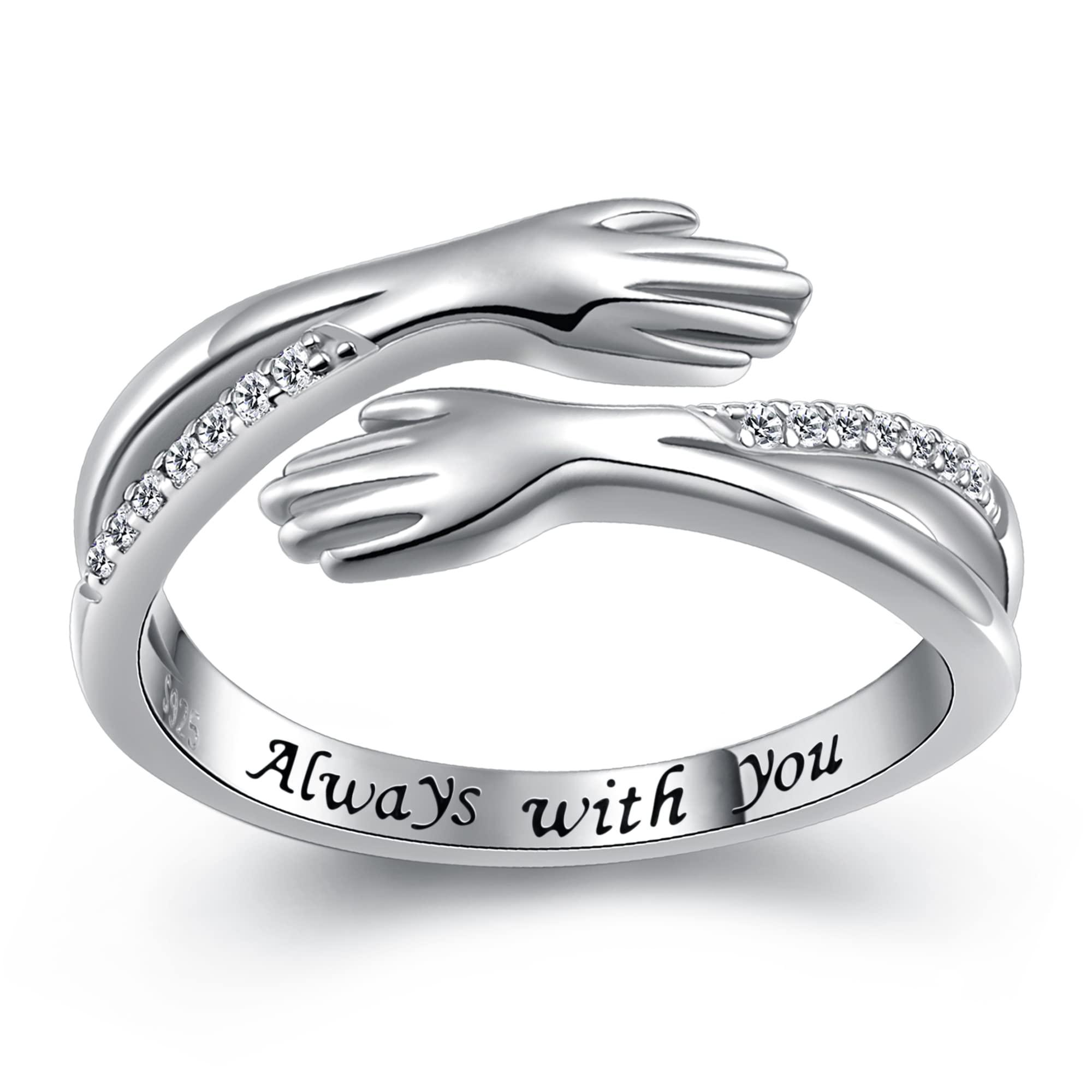 Hug Ring, S925 Sterling Silver Hugging Hands CZ Open Ring Engraved Always with You Embrace Statement Promise Anniversary Ring