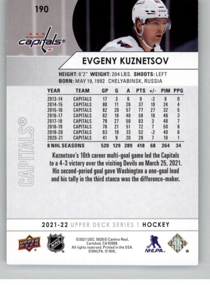 2021-22 Upper Deck Series One #190 Evgeny Kuznetsov Washington Capitals Official NHL Hockey Card in Raw (NM or Better) Condition