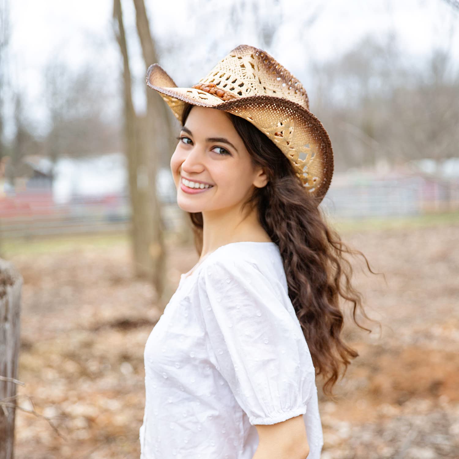 TOVOSO Straw Cowboy Hat for Women and Men with Shape-It Brim, Western Cowboy Hat, Brown/Beads - Tea Stain