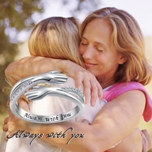 Hug Ring, S925 Sterling Silver Hugging Hands CZ Open Ring Engraved Always with You Embrace Statement Promise Anniversary Ring