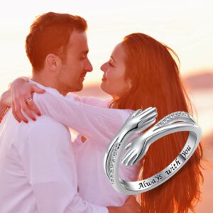 Hug Ring, S925 Sterling Silver Hugging Hands CZ Open Ring Engraved Always with You Embrace Statement Promise Anniversary Ring