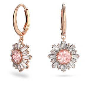 swarovski sunshine drop hoop earrings with pink and clear crystal sun motif on a rose gold-tone finish setting, part of the swarovski sunshine collection