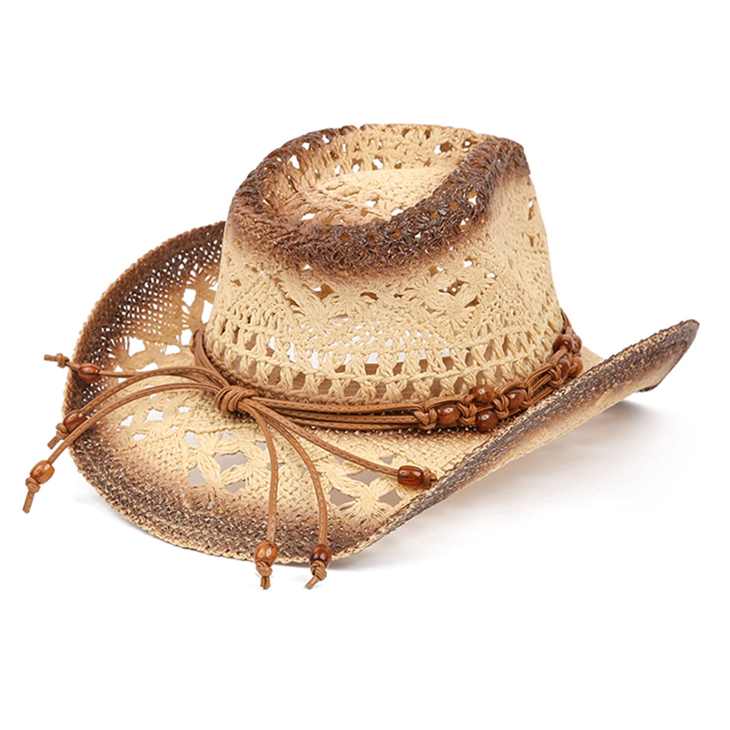 TOVOSO Straw Cowboy Hat for Women and Men with Shape-It Brim, Western Cowboy Hat, Brown/Beads - Tea Stain