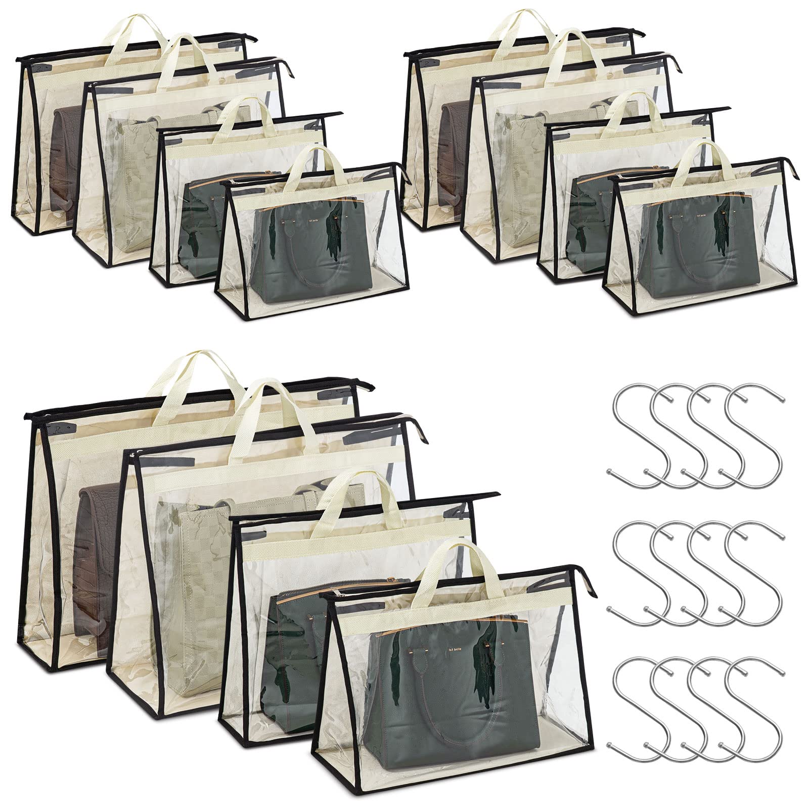 Interesse 12 Packs Dust Bags for Handbags, Clear Handbag Storage, Purse Storage Organizer for Closet, Purse Cover Hanging Closet Organizer with Zipper and Handles