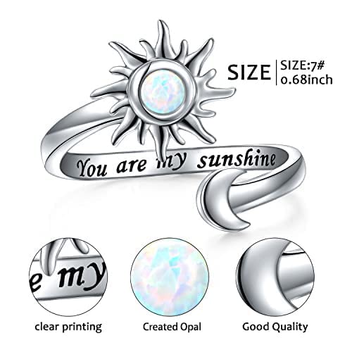 Anxiety Rings for Women S925 Sterling Silver Created Opal Sun and Moon Fidget Spinner Ring Adjustable Open End Engraved You are my Sunshine Spinner Gift for Her