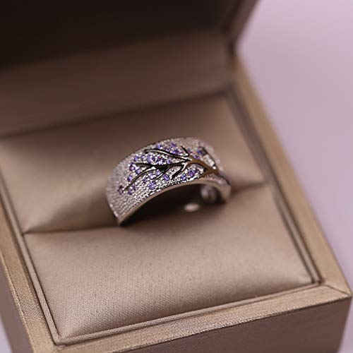 ZJQZBSS Vintage Forest Style Hand Drop Glaze Design Tree Ring 925 Sterling Silver Sparkling Purple Diamond Ring 18K Gold Cocktail Ring CZ Diamond Halo Ring Women's Engagement Wedding Rings (10)