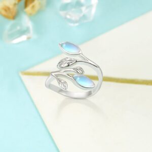 PRAYMOS 925 Sterling Silver Leaf Rings for Women Moonstone Ring Open Adjustable Wrap Rings Promise Engagement Wedding Rings