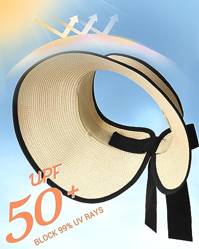 Camptrace Sun Visors for Women Wide Brim Beach Hat UPF 50+ Foldable Straw Visor Hat Ponytail Summer Packable Beige