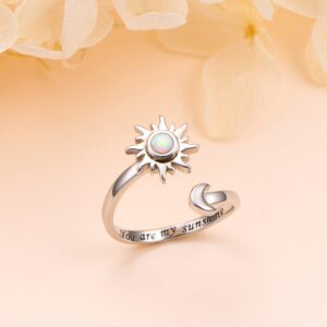 Anxiety Rings for Women S925 Sterling Silver Created Opal Sun and Moon Fidget Spinner Ring Adjustable Open End Engraved You are my Sunshine Spinner Gift for Her